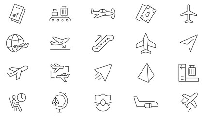 Airplane line icon collection. Aviation, travel, terminal, airport, transport, navigation, and, aircraft icon set. UI outline icon pack