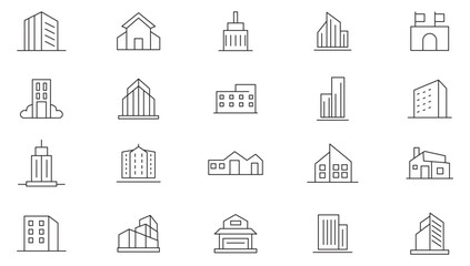 Building line icon collection. Real estate, house, apartment, museum, architecture, cityscape, hospital, church, urban, home, hotel, and shopping mall icon set. UI outline icon pack