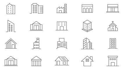 Building line icon collection. Real estate, house, apartment, museum, architecture, cityscape, hospital, church, urban, home, hotel, and shopping mall icon set. UI outline icon pack