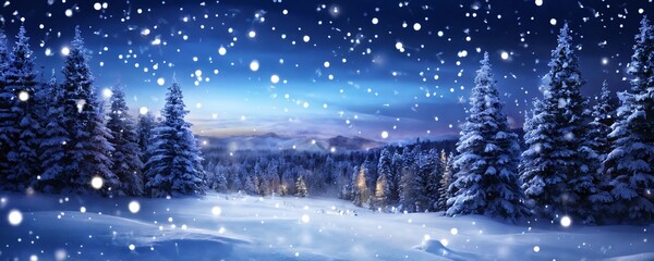 Snowfall over evergreen trees at dusk in a serene winter landscape with a twilight sky