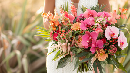 wedding bouquet with flowers and orchids, vibrant flower. The bride is dressed in white and holding the bouquet, standing outdoors under soft lighting. right space for text caption