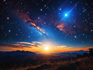 Fototapeta premium A breathtaking sunset illuminates mountains under a starry sky filled with celestial wonders at twilight