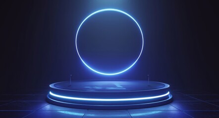  Black Background with Glowing Light Blue Round Podium Pedestal in the Middle, Minimalist Scene for Product Presentation Mockup