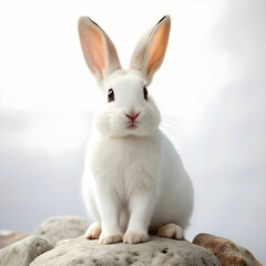 a white rabbit sitting on rocks with white background