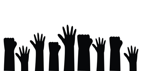 Obraz premium Multiracial people's hands and fists raised in the air. illustration of people protesting. Symbol of victory, strength, power and solidarity.