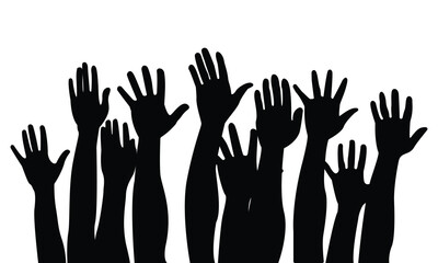 Obraz premium people raising hand silhouettes. People raising hand at the concert. Large group of people with raising hands, Cheering crowd at a concert. vector flat style. isolated on white background.