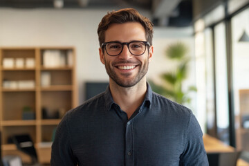 Fototapeta premium Smiling Entrepreneur With Glasses Standing in a Modern Office, Exuding Confidence and Professionalism