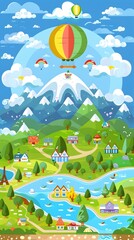 Obraz premium Cartoon Illustration of a Colorful Landscape with a Hot Air Balloon