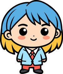Boy cartoon with blue hair and business attire