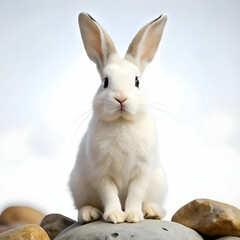 Obraz premium a white rabbit sitting on rocks with white background