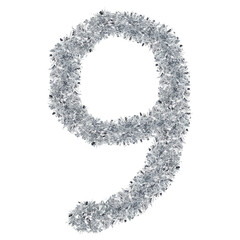 number 9 made from New Year's tinsel, isolated Christmas tinsel, tinsel garland