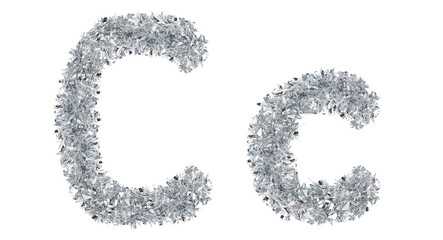 letter c made from New Year's tinsel, isolated Christmas tinsel, tinsel garland.