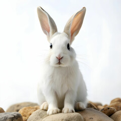 a white rabbit sitting on rocks with white background