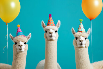 Fototapeta premium Three cute white alpacas with balloons wearing party hats, against a blue background, a funny studio shot, conveying a happy birthday concept.