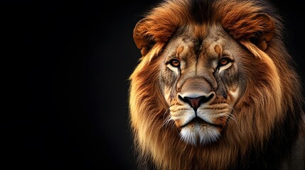 Fototapeta premium Lion Close-up Looking Up on Black Background, Abstract Image, Texture, Pattern, Wallpaper, Cover and Screen of Smartphone, PC, Laptop, 9:16 and 16:9 Format