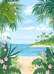 Tropical Beach with Palm Trees and Flowers Illustration