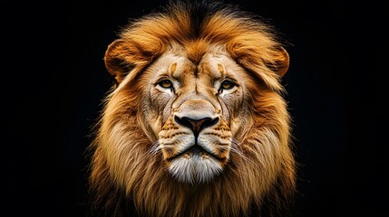 Fototapeta premium Lion Close-up Looking Up on Black Background, Abstract Image, Texture, Pattern, Wallpaper, Cover and Screen of Smartphone, PC, Laptop, 9:16 and 16:9 Format