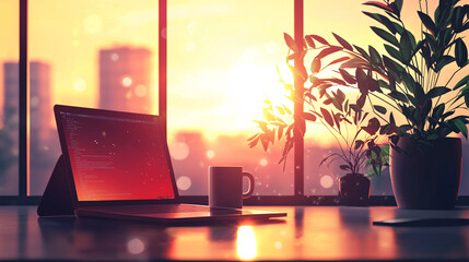 Engage in a calm work session in a minimalist office room, with a laptop and a coffee mug, the ambiance enriched by peaceful lo-fi music and a relaxing environment 