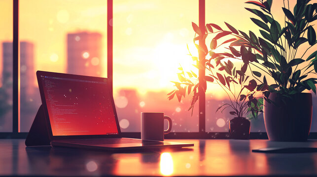 Engage in a calm work session in a minimalist office room, with a laptop and a coffee mug, the ambiance enriched by peaceful lo-fi music and a relaxing environment 