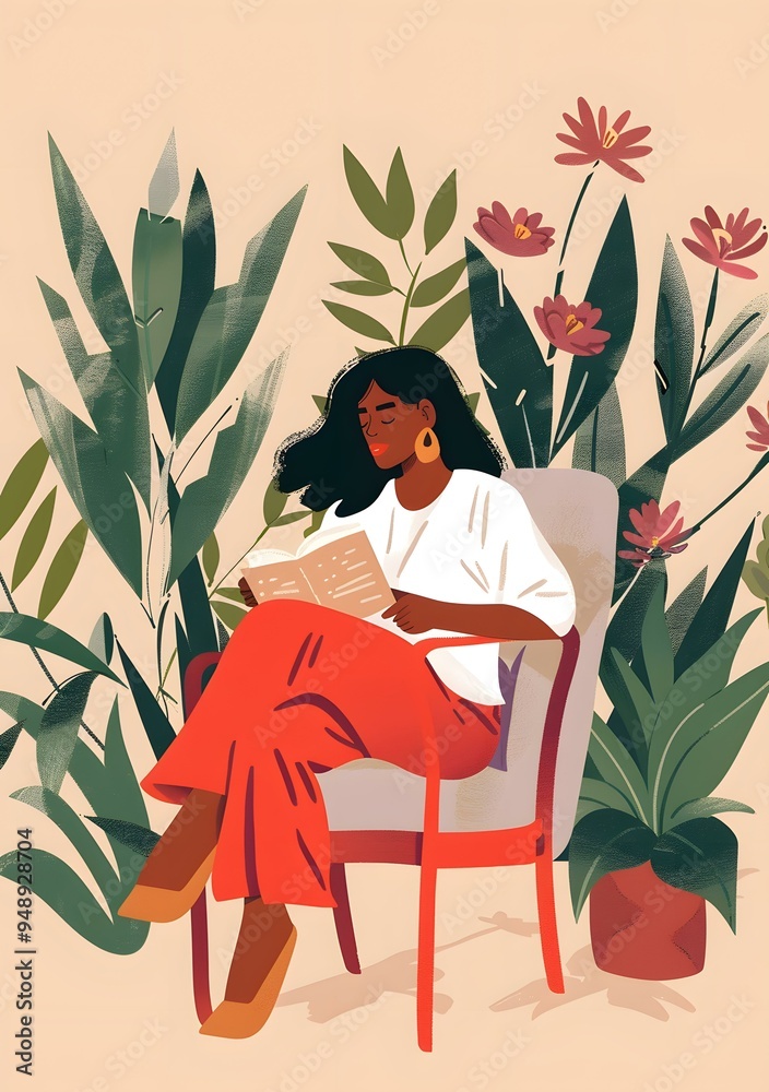 Sticker Woman Reading in a Garden Illustration