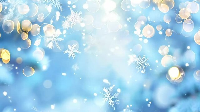 Winter beautiful scene with snowy fir branches, berries, eucalyptus leaves, and festive bokeh. Christmas and New Year background