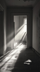 Obraz premium Spooky abandoned house with light streaming on Halloween night 