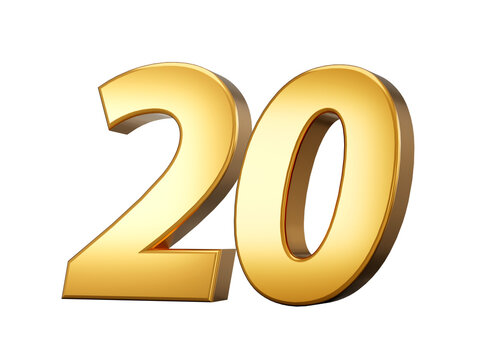 3d number 20 twenty Gold text isolated on white background with reflection 3d illustration
