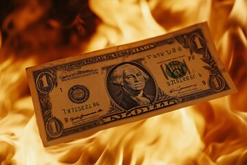 Burning US Dollar Bill on Fiery Background