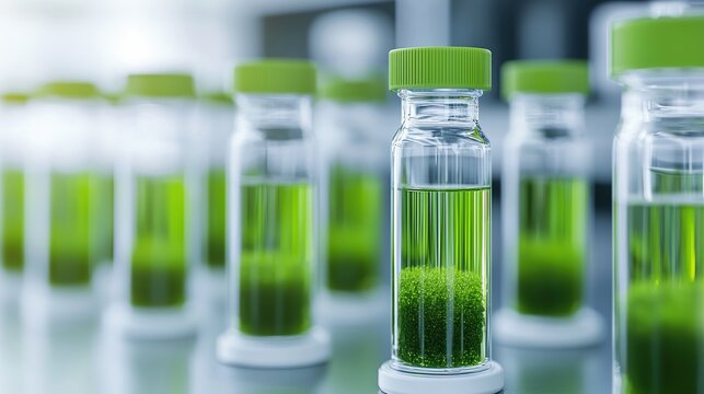 Nano-engineered biofuel production inside a microalgae culture, representing cutting-edge biotechnology.