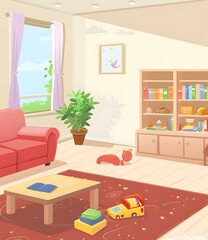 Cartoon Illustration Of A Living Room With A Red Sofa And A Wooden Coffee Table