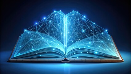 A 3D wireframe model of an open book with glowing blue lines and nodes, suspended in mid-air, against a dark gradient background with subtle texture.