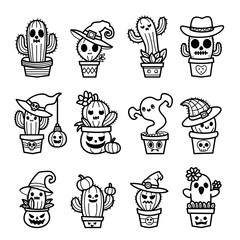 Collection of playful Halloween themed cactus doodles in pots, spooky cacti plant character doodles, black and white line art style, vector illustration.