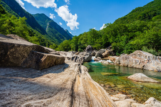 Verzasca Valley - View of the stream with clear turquoise water and rocks - Verzasca Valley, Ticino, Switzerland