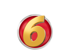 Gold Number 6 Gold Number Six On Rounded Red Icon, 3d illustration
