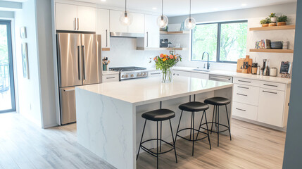 Highangle shot of a modern kitchen island with bar stools