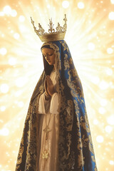 Statue of Our Lady of Aparecida (Nossa Senhora Aparecida) with glowing bokeh background. A sacred symbol of Brazilian faith and culture, ideal for religious projects with text space