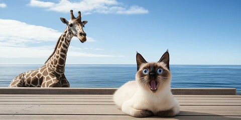 Surprised cat by the ocean with a giraffe in the background and copy space

