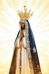 Revered Brazilian Catholic statue of Our Lady of Aparecida (Nossa Senhora Aparecida). Glowing bokeh backdrop reflects faith and spirituality. Ideal for religious concepts with space for text