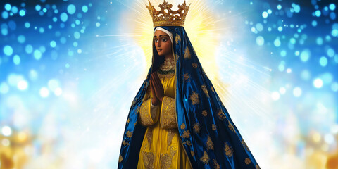 Our Lady of Aparecida (Nossa Senhora Aparecida), a symbol of Brazilian faith. Glowing statue with a bokeh background, capturing Catholic tradition. Ideal for religious visuals with space for text