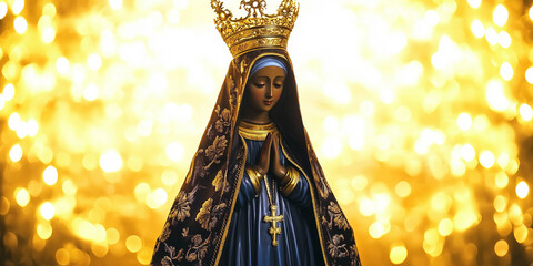 Brazilian Catholic icon Our Lady of Aparecida (Nossa Senhora Aparecida) statue. Glowing bokeh backdrop for a spiritual atmosphere. Great for religious concepts with room for copy space