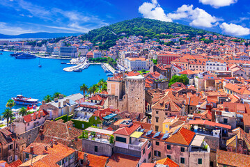 Split, Croatia: Panoramic cityscape of the old medieval city, waterfront and Marjan hill, Dalmatia, Adriatic sea