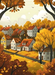 Autumn Village Landscape Illustration