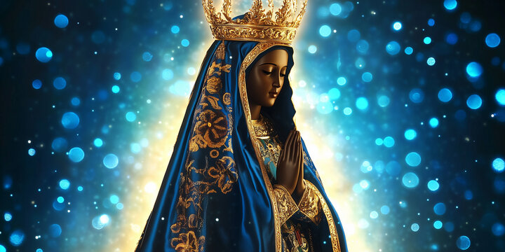 Statue of Our Lady of Aparecida (Nossa Senhora Aparecida), Brazilian saint with glowing bokeh background. Symbolizing Catholic faith and tradition, ideal for religious content with room for text