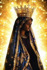 Our Lady of Aparecida (Nossa Senhora Aparecida), a symbol of Brazilian Catholicism. Radiant statue with a glowing bokeh backdrop, highlighting devotion and faith. Designed for religious concepts