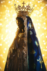 Statue of Our Lady of Aparecida (Nossa Senhora Aparecida), a beloved Brazilian saint. Glowing bokeh background reflects Catholic spirituality, perfect for religious imagery with space for text