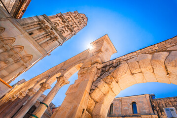 Split, Croatia: Diocletian palace ruins and Cathedral of Saint Domnius bell tower in historic...