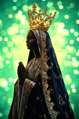 Brazilian Catholic icon, the Statue of Our Lady of Aparecida (Nossa Senhora Aparecida). Glowing bokeh setting creates a divine atmosphere, ideal for spiritual and cultural projects with text space