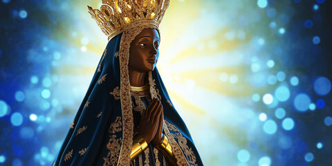 Our Lady of Aparecida (Nossa Senhora Aparecida) statue against a glowing bokeh background. Celebrating Brazilian Catholic culture and faith. Perfect for religious-themed designs with room for text