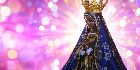 Statue of Our Lady of Aparecida (Nossa Senhora Aparecida), Brazil's beloved Catholic saint. Glowing bokeh background, emphasizing faith, culture, and tradition. Perfect for religious concepts