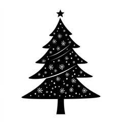 Fototapeta premium Simple Christmas Tree Silhouette with Snowflakes and a Star on Top in Black and White for Holiday-Themed Designs